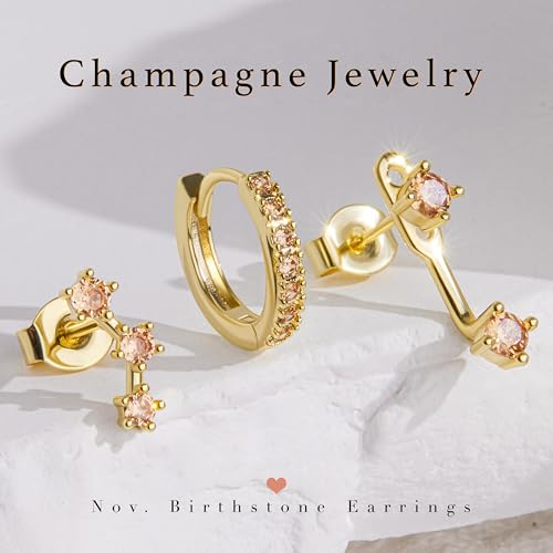 Poxtex Gold Champagne Brown Earrings Set for Women, Dainty Small Cute Jacket Stud Huggie Hoop Earring Stack for Multiple Piercing, November Birthstone Trendy Jewelry Gifts - Image 3
