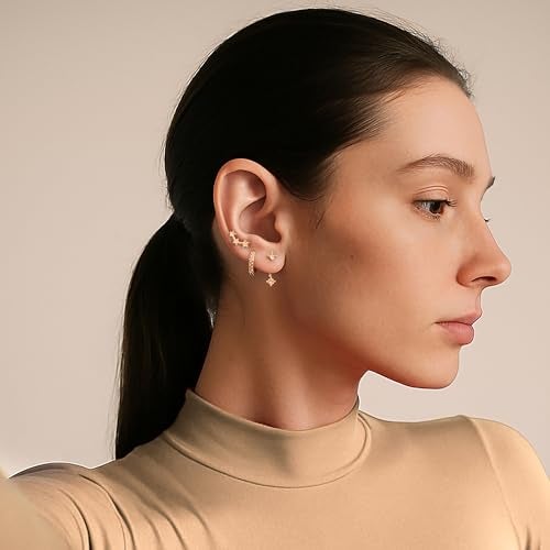 Poxtex Gold Champagne Brown Earrings Set for Women, Dainty Small Cute Jacket Stud Huggie Hoop Earring Stack for Multiple Piercing, November Birthstone Trendy Jewelry Gifts - Image 2