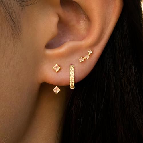 Poxtex Gold Champagne Brown Earrings Set for Women, Dainty Small Cute Jacket Stud Huggie Hoop Earring Stack for Multiple Piercing, November Birthstone Trendy Jewelry Gifts - Image 4