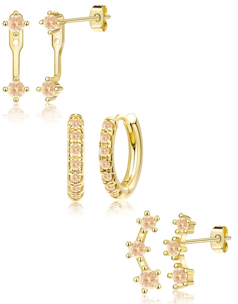 Poxtex Gold Champagne Brown Earrings Set for Women, Dainty Small Cute Jacket Stud Huggie Hoop Earring Stack for Multiple Piercing, November Birthstone Trendy Jewelry Gifts - Image 1