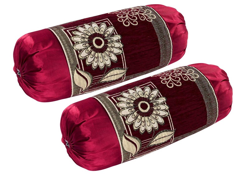 HSR Collection Velvet Chenille Bolster Cover Set - 32x16 inches, Standard, Maroon, 2 Piece - Image 4
