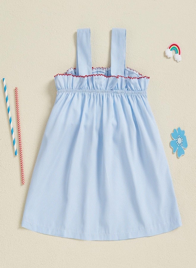 GOOCHEER Toddler Baby Girl 4th of July Outfit American Flag Bow Smocked Dress Plaid Ruffle A-Line Dress Patriotic Clothes (Blue, 3-4 Years) - Image 3
