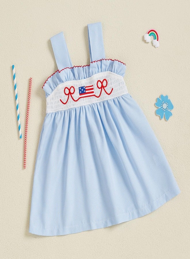 GOOCHEER Toddler Baby Girl 4th of July Outfit American Flag Bow Smocked Dress Plaid Ruffle A-Line Dress Patriotic Clothes (Blue, 3-4 Years) - Image 4