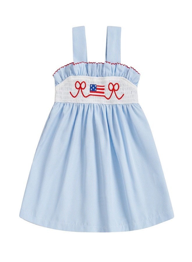 GOOCHEER Toddler Baby Girl 4th of July Outfit American Flag Bow Smocked Dress Plaid Ruffle A-Line Dress Patriotic Clothes (Blue, 3-4 Years) - Image 1