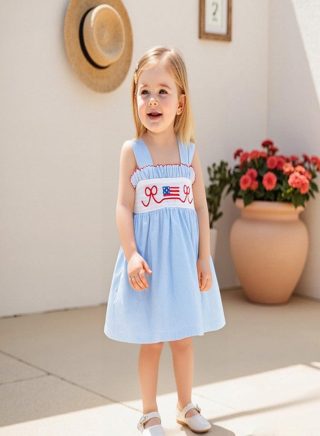 GOOCHEER Toddler Baby Girl 4th of July Outfit American Flag Bow Smocked Dress Plaid Ruffle A-Line Dress Patriotic Clothes (Blue, 3-4 Years) - Image 2