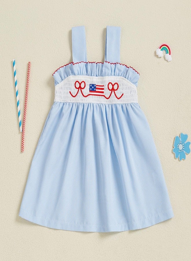 GOOCHEER Toddler Baby Girl 4th of July Outfit American Flag Bow Smocked Dress Plaid Ruffle A-Line Dress Patriotic Clothes (Blue, 3-4 Years) - Image 5