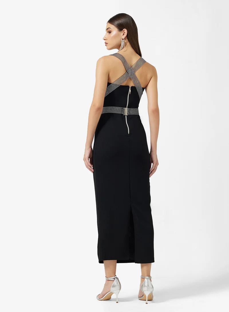 FYOR Black Maxi Dress with Front Checkered Stripes – Bold & Modern Look