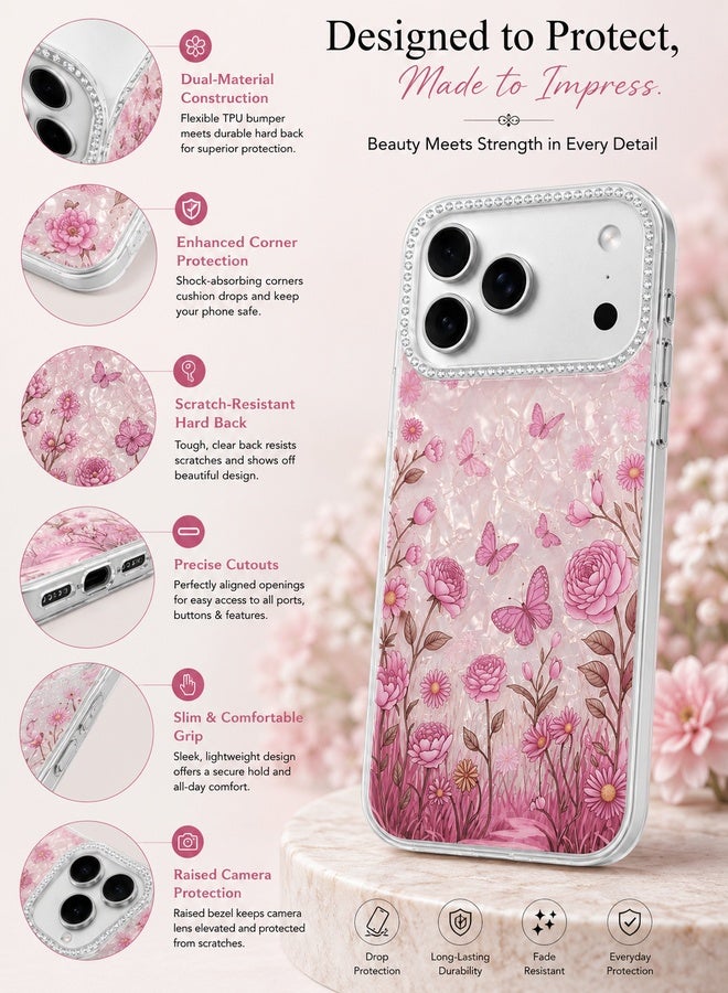 VR CREATIVE Protective Case Cover for Apple iPhone 17 Pro Max with Floral Marble Butterfly Print Transparent TPU + PC Shockproof Back Cover Design 2 - Image 3