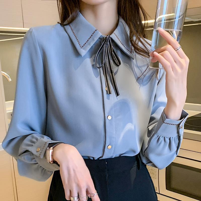 Chiffon Shirt Womens Long Sleeve Bow Tie Blouse Spring Fall Unique Blue [good quality]]