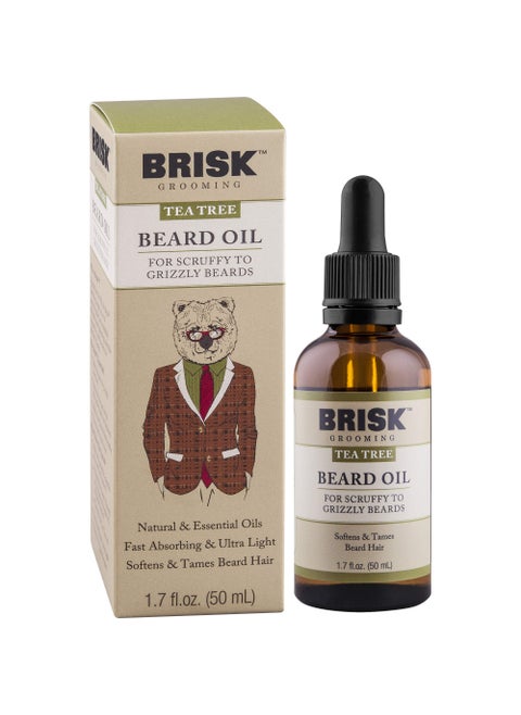 Brisk Grooming Tea Tree Beard Oil, Fast-absorbing Blend of Natural & Essential Oils Softens & Tames for a Beard that Looks & Feels Healthy not Greasy, 1.7 Ounce Bottle w/Dropper