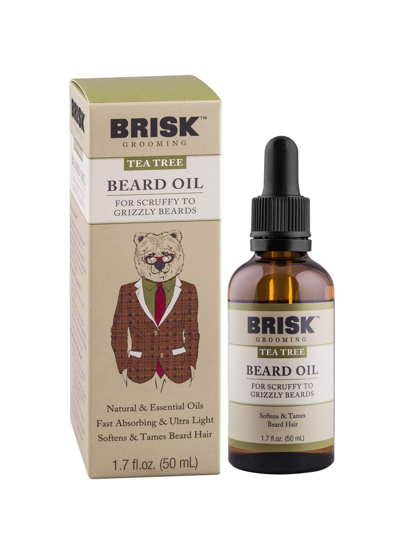 Brisk Grooming Tea Tree Beard Oil, Fast-absorbing Blend of Natural & Essential Oils Softens & Tames for a Beard that Looks & Feels Healthy not Greasy, 1.7 Ounce Bottle w/Dropper