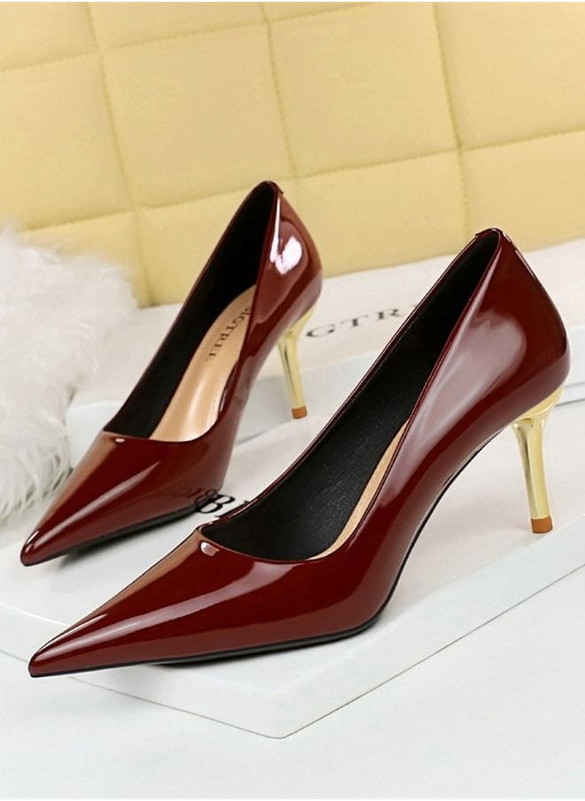 BIGTREE Shallow Pointed Metal Heel High-Heeled Shoes 7CM Wine Red  - Image 1