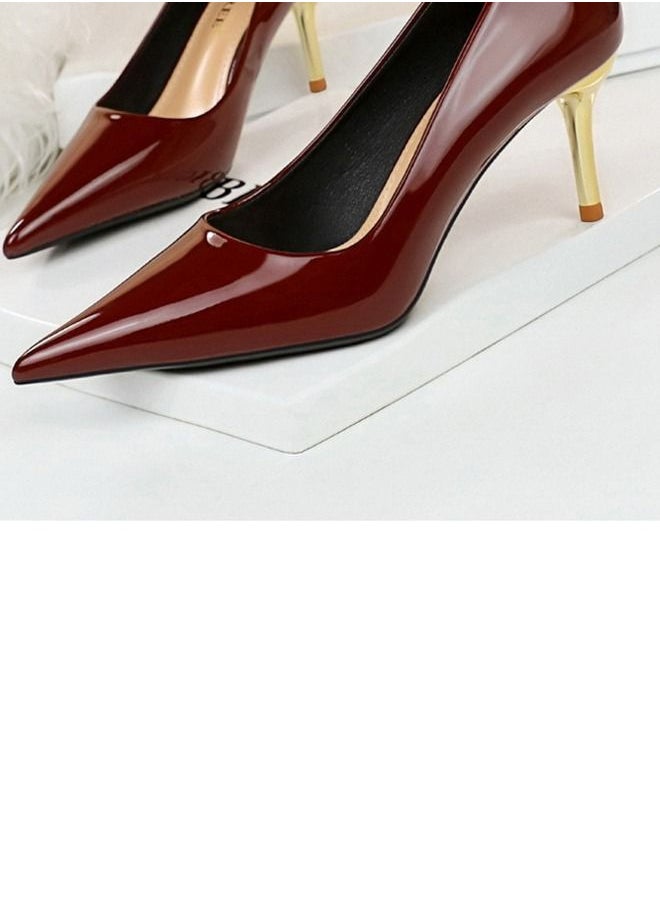 BIGTREE Shallow Pointed Metal Heel High-Heeled Shoes 7CM Wine Red  - Image 4