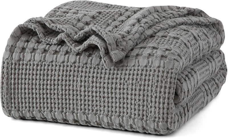 PHF Queen Size 230 cm x 230 cm 100% Cotton Waffle Weave Blanket – Pre-Washed Lightweight Breathable Throw for Bed, Couch or Sofa, Oeko-TEX Certified, Dark Grey - Image 1
