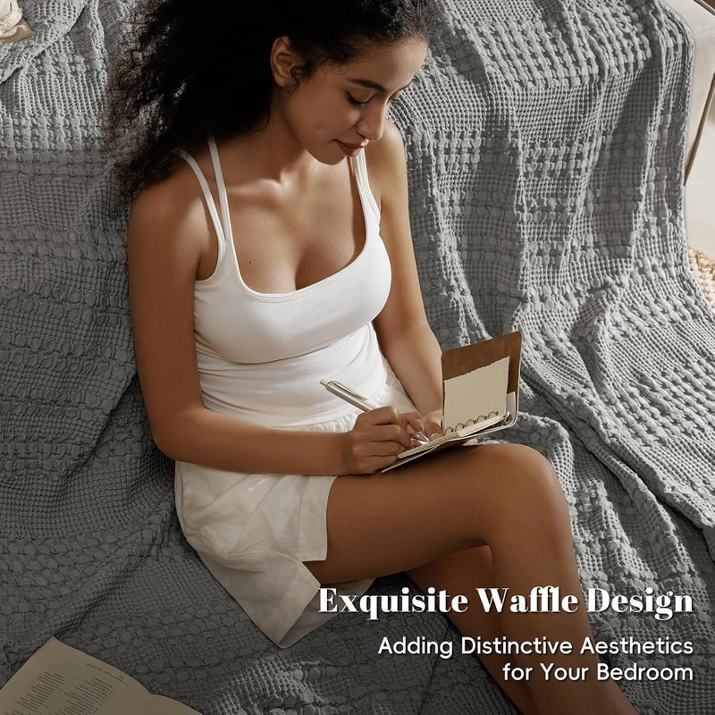 PHF Queen Size 230 cm x 230 cm 100% Cotton Waffle Weave Blanket – Pre-Washed Lightweight Breathable Throw for Bed, Couch or Sofa, Oeko-TEX Certified, Dark Grey - Image 4