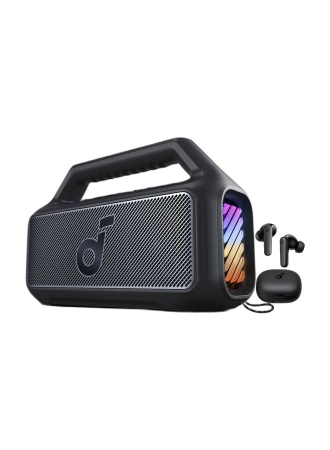 Soundcore مكبر صوت أنكر بوم 2 بلوتوث، مكبر صوت خارجي بقوة 80 واط، مضخم صوت، باس أب 2.0، 24 ساعة تشغيل، مقاوم للماء IPX7، قابل للطفو، أضواء RGB، معادل صوت مخصص، USB-C، محمول للتخييم، الشاطئ، الحديقة باللون الأسود وسماعات أذن بلوتوث P20i، محركات 10 مم مع باس قوي، سماعات أذن لاسلكية حقيقية، 30 ساعة تشغيل، IPX5، ميكروفونين لمكالمات واضحة بالذكاء الاصطناعي، 22 معادل صوت مسبق، تخصيص عبر التطبيق باللون الأسود - Image 1