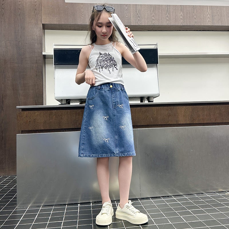 Girls' Blue Embroidered Denim Skirt Summer Children'S Skirt Medium And Large Children'S Bow Denim Skirt Short Skirt - Image 5