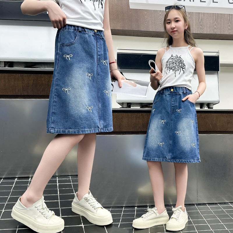Girls' Blue Embroidered Denim Skirt Summer Children'S Skirt Medium And Large Children'S Bow Denim Skirt Short Skirt - Image 3