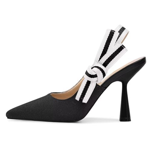 HOCHFART Slingback Heels for Women Closed Pointed Toe High Heels Bowknot Knitted Dress Work Wedding Pumps Shoes Black - Image 2