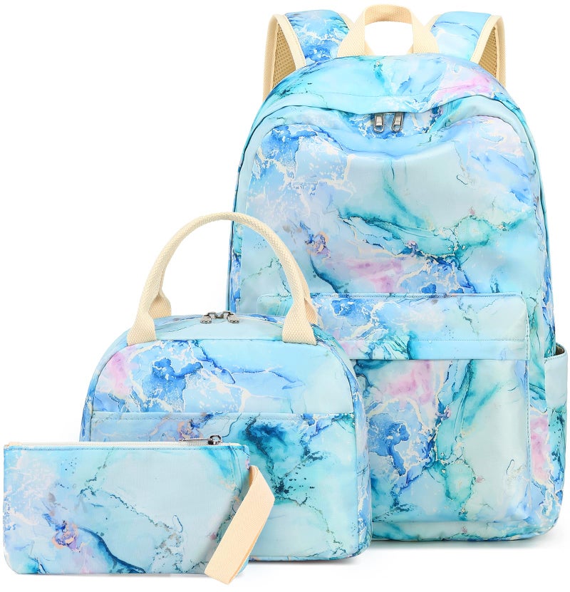 LEDAOU Backpack for Girls School Bag Kids Bookbag Teen Backpack Set Daypack with Lunch Bag and Pencil Case (Marble Purple Blue Green) - Image 1