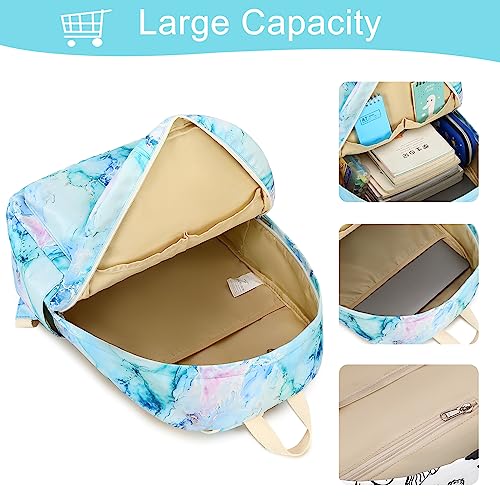 LEDAOU Backpack for Girls School Bag Kids Bookbag Teen Backpack Set Daypack with Lunch Bag and Pencil Case (Marble Purple Blue Green) - Image 4