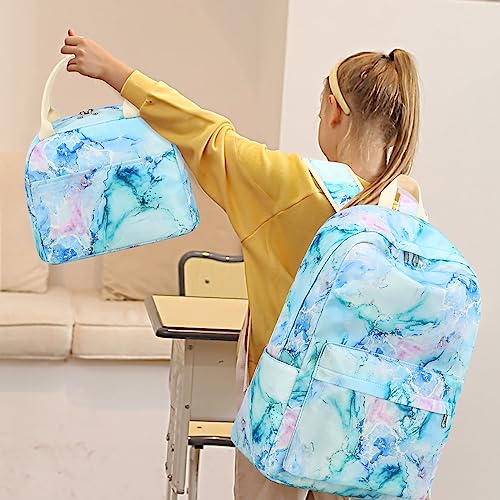 LEDAOU Backpack for Girls School Bag Kids Bookbag Teen Backpack Set Daypack with Lunch Bag and Pencil Case (Marble Purple Blue Green) - Image 2