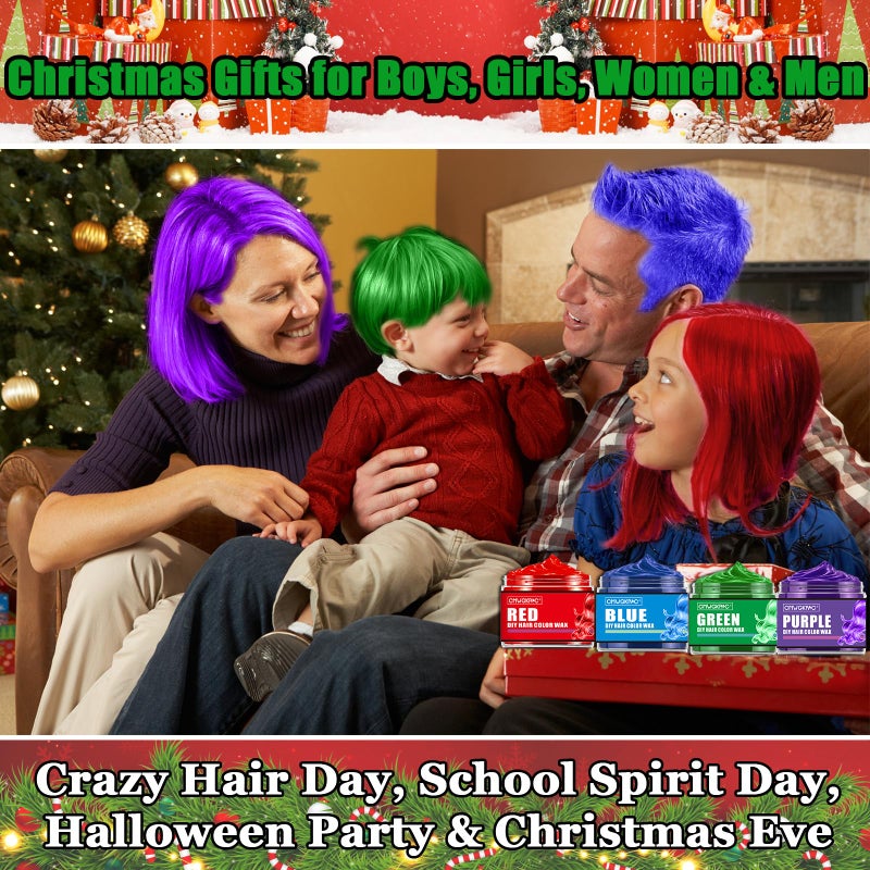 CMWGKBC 4 Colors Temporary Hair Color for Kids,Christmas Gifts for Teens Girls,Boys,Stocking Stuffers for Kids,Adults,Temporary Hair Dye,Hair Color Spray Green Red Blue Purple Hair Dye Hair Wax Color Instant - Image 2