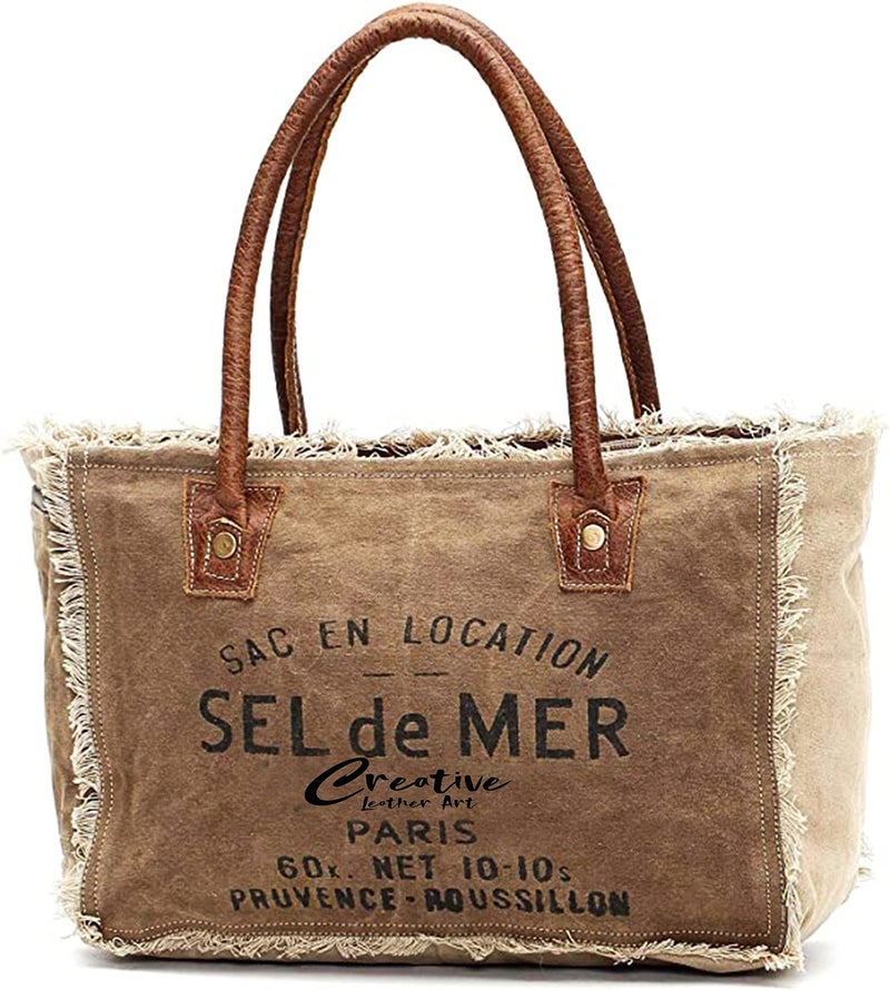 CREATIVE LEATHER ART حقيبة توت قماشية من سيل دو مير للنساء مع مقابض جلدية، حقيبة كتف، حقيبة يومية غير رسمية، شاطئ، سفر، حقيبة تسوق (كاكي، 13 × 10 بوصة) - Image 1
