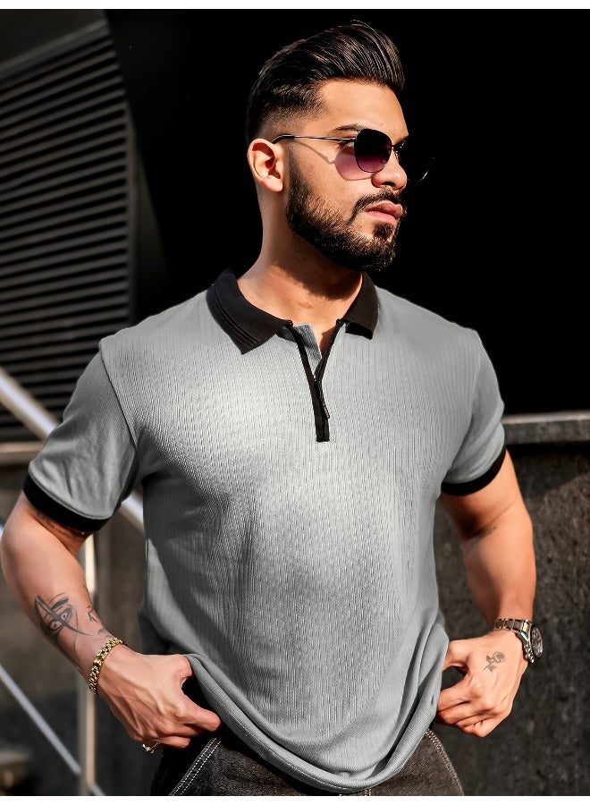 Maniac Mens half zip polo neck solid half sleeve silver grey and black cotton slim fit t-shirt - Image 2