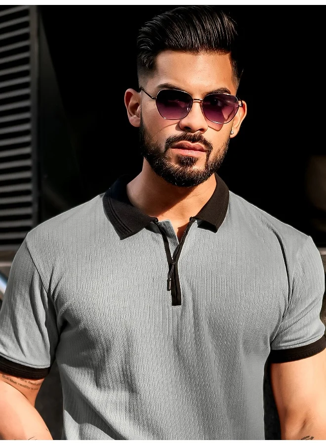Maniac Maniac Mens Half Zip Polo Neck Solid Half Sleeve Silver Grey and Black Cotton Slim Fit T-Shirt