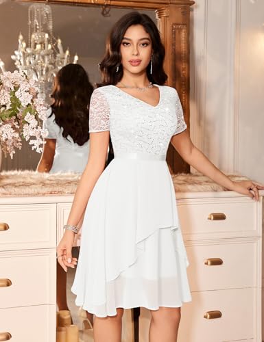 MUADRESS Women's Wedding Guest Dress for Cocktail A-Line Lace Sequin Chiffon Prom Dresses with V-Neck White XL - Image 3