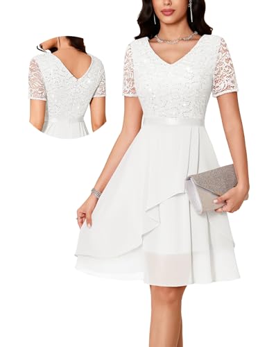 MUADRESS Women's Wedding Guest Dress for Cocktail A-Line Lace Sequin Chiffon Prom Dresses with V-Neck White XL - Image 1
