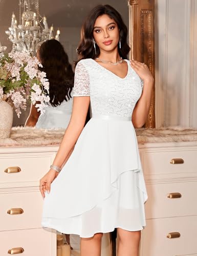 MUADRESS Women's Wedding Guest Dress for Cocktail A-Line Lace Sequin Chiffon Prom Dresses with V-Neck White XL - Image 4