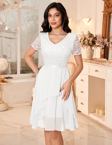 MUADRESS Women's Wedding Guest Dress for Cocktail A-Line Lace Sequin Chiffon Prom Dresses with V-Neck White XL - Image 2