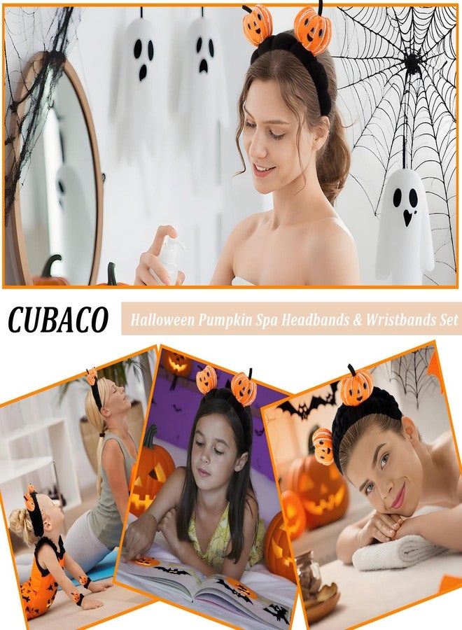 CUBACO 4 Pcs Skincare Headbands for Face Washing Cute Halloween Pumpkin Spa Headband and Wristband Set for Women Fluffy Makeup Headband for Women Girls Makeup Sports Shower Pumpkin Hair Accessories - Image 2