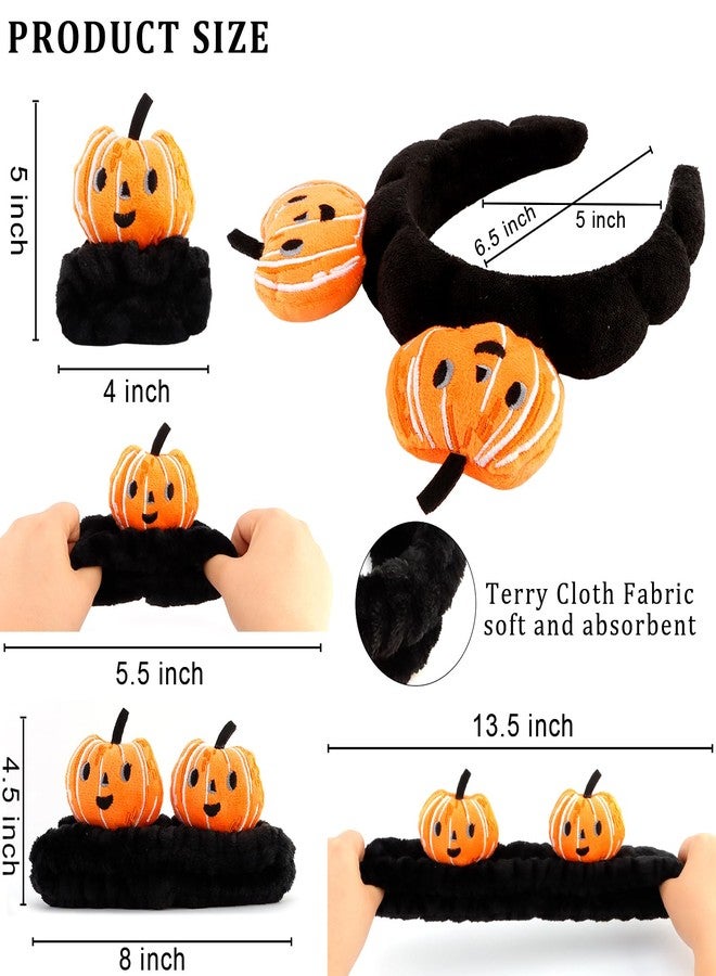 CUBACO 4 Pcs Skincare Headbands for Face Washing Cute Halloween Pumpkin Spa Headband and Wristband Set for Women Fluffy Makeup Headband for Women Girls Makeup Sports Shower Pumpkin Hair Accessories - Image 4