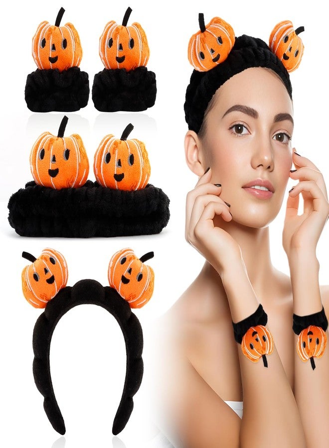 CUBACO 4 Pcs Skincare Headbands for Face Washing Cute Halloween Pumpkin Spa Headband and Wristband Set for Women Fluffy Makeup Headband for Women Girls Makeup Sports Shower Pumpkin Hair Accessories - Image 1