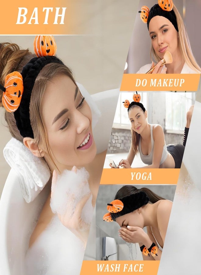 CUBACO 4 Pcs Skincare Headbands for Face Washing Cute Halloween Pumpkin Spa Headband and Wristband Set for Women Fluffy Makeup Headband for Women Girls Makeup Sports Shower Pumpkin Hair Accessories - Image 5