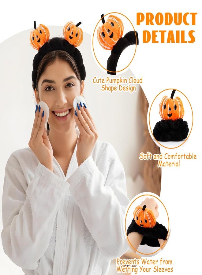 CUBACO 4 Pcs Skincare Headbands for Face Washing Cute Halloween Pumpkin Spa Headband and Wristband Set for Women Fluffy Makeup Headband for Women Girls Makeup Sports Shower Pumpkin Hair Accessories - Image 3