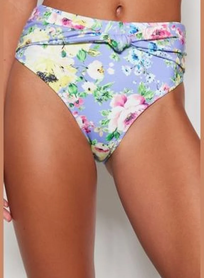 trendyol Floral Pattern Knotted High Waist Bikini Bottoms With Regular Leg TBESS23BA00284