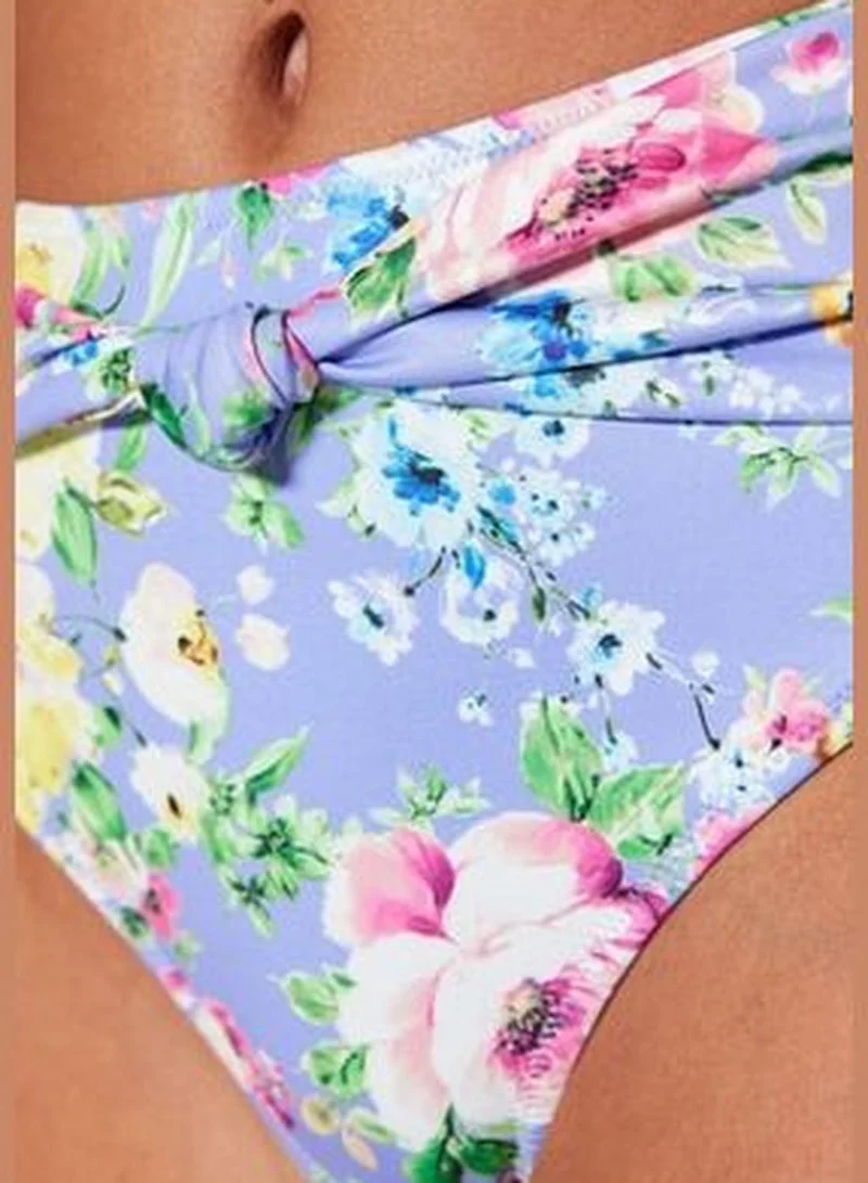 trendyol Floral Pattern Knotted High Waist Bikini Bottoms With Regular Leg TBESS23BA00284