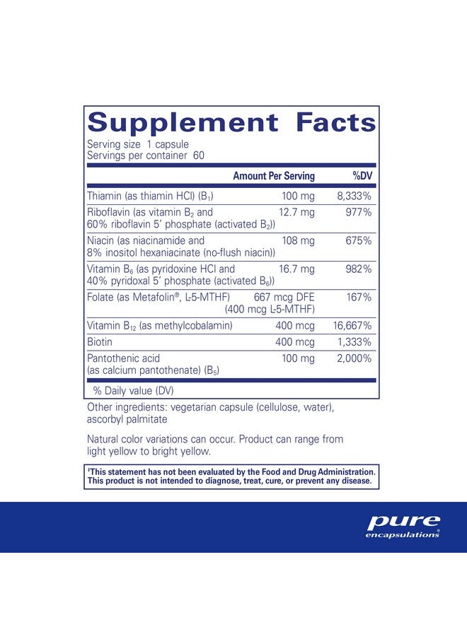 Pure Encapsulations - Bcomplex Plus ; B Vitamins Supplement To Support Red Blood Cell Growth Neurological And Psychological Health Cardiovascular Health And Energy Levels* ; 60 Capsules - Image 1