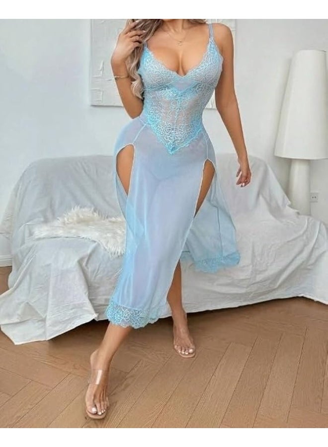 قميص نوم لانجيرى نسائي طويل من التل الناعم والدانتيل بفتحات جانبية - Image 2