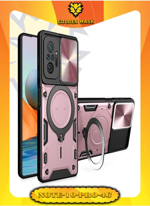 جولدن ماسك لهاتف شاومى ريدمى نوت 10 برو/نوت 10 برو ماكس (Xiaomi Redmi Note 10 Pro/Note 10 Pro Max ) جراب حماية مع باب جرار لحماية عدسة  الكاميرا المدرعة مدمج بزاوية 360 درجة - (روز جولد)