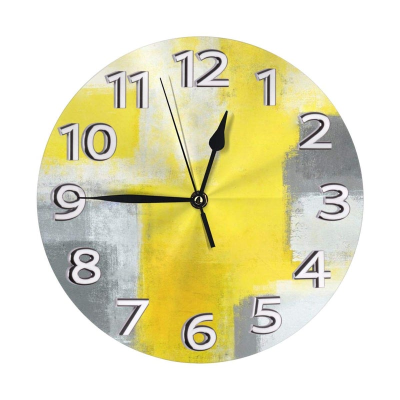 AMZBSR AMZBSR Grey and Yellow Abstract Art Painting White Wall Clock Silent NonTicking Quality Quartz Battery Operated Wall Clock  10 Inch Round Easy to Read Decorative for Home Office School
