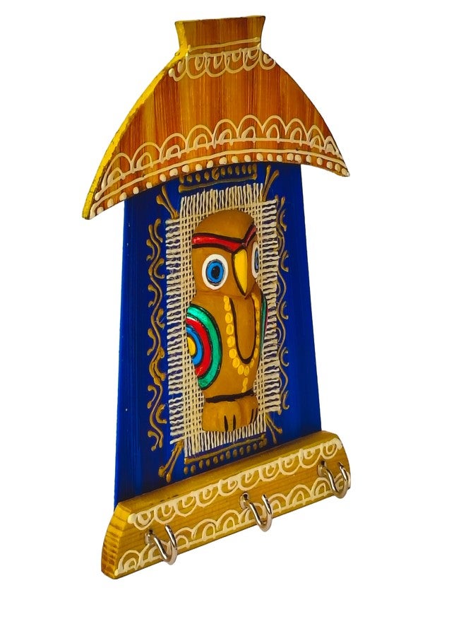 Windup Handcrafted Terracotta Owl Key Holder, Decorative Wall Mount with 3 Hooks, 15 cm x 17.5 cm, Blue and Golden - Image 3