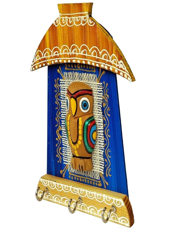 Windup Handcrafted Terracotta Owl Key Holder, Decorative Wall Mount with 3 Hooks, 15 cm x 17.5 cm, Blue and Golden - Image 2