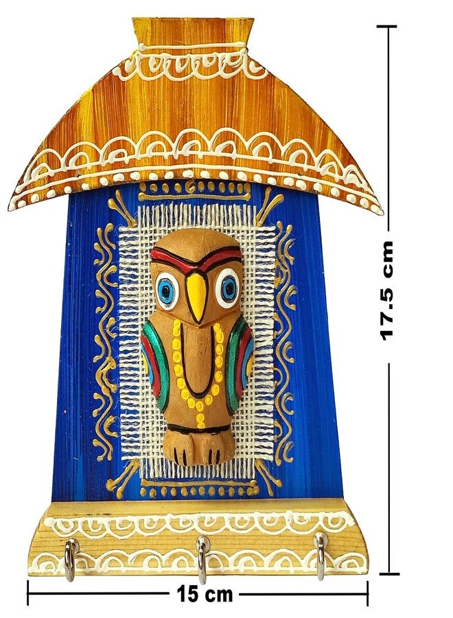 Windup Handcrafted Terracotta Owl Key Holder, Decorative Wall Mount with 3 Hooks, 15 cm x 17.5 cm, Blue and Golden - Image 5