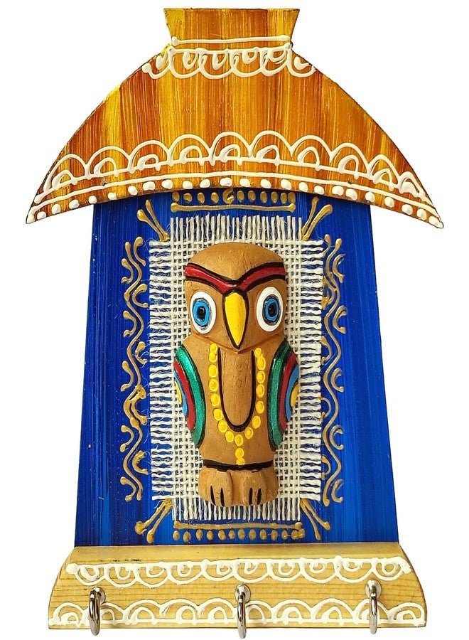 Windup Handcrafted Terracotta Owl Key Holder, Decorative Wall Mount with 3 Hooks, 15 cm x 17.5 cm, Blue and Golden - Image 1