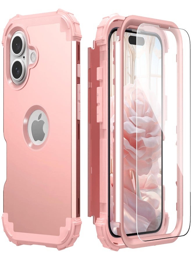 اي دي ويل جراب IDweel لهاتف iPhone 16 Plus مع واقي شاشة للنساء، 3 في 1 مقاوم للصدمات، نحيف، هجين، متين، مصنوع من البولي كربونات الصلب، مع واقي من السيليكون الناعم، غطاء كامل للجسم مضاد لبصمات الأصابع، لون ذهبي وردي - Image 1